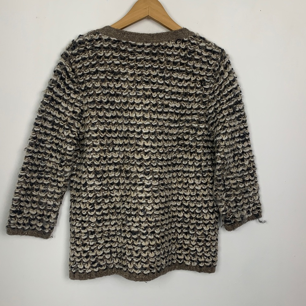 Textured Crochet Knit Button-Front Sweater Cardigan - Brown/Cream - Picture 8 of 10